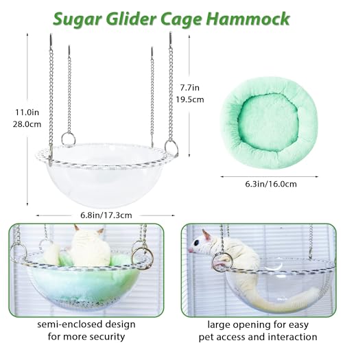 Sugar Glider Hammock for Cage, Transparent Bed for Clear Observation | All-Season Comfort with Removable Pad, Chew Proof Sleeping Pouch, Metal Chain Reinforced Sugar Glider Cage Accessories