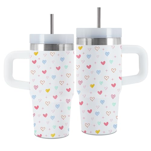Heart 14 oz Tumbler, with Handle Straw, Stainless Steel Travel Cup | 14 oz Insulated Water Bottle, Travel Vacuum Coffee Mug, Thanksgiving Christmas Birthday Gift for Daughter, Heart Lovers Gifts - color: Heart-White
