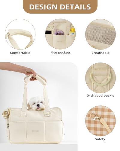 ONECUTE Dog Carrier for Small Dogs Rabbit cat with Large Pockets, Cotton Bag, Dog Carrier Soft Sided, Collapsible Travel Puppy Carrier (Beige, 17" L x 7.5" W x 12" H) - color: Beige, size: 17.0"L x 7.5"W x 12.0"H