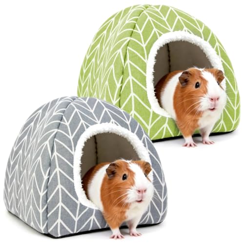2 Pack Guinea Pig Hideout Bed, Dwarf Rabbit House Cave | Cozy Hide-Out Cage Accessories for Little Bunny, Hedgehog, Ferret, Chinchilla & Other Small Animals, Grey - color: Grey+Green