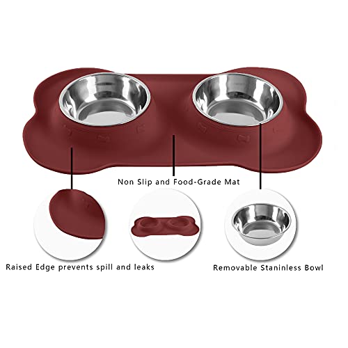 Hubulk Pet Dog Bowls 2 Stainless Steel Dog Bowl with No Spill Non-Skid Silicone Mat + Pet Food Scoop Water and Food Feeder Bowls for Feeding Small Medium Large Dogs Cats Puppies (Burgundy, Small) - color: Burgundy, size: Small