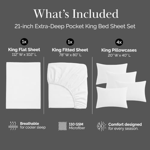 Southshore Fine Living, Inc. 21 Inch Extra Deep Pocket King Sheet Set, 6 Piece King Sheets Deep Pocket, Double Brushed Microfiber Pet Hair Resistant Bedding Wrinkle Resistant Oeko-TEX, White Sheets - color: 01 - White, size: King
