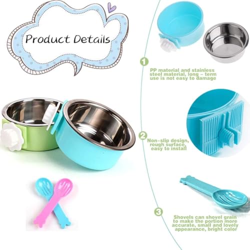 Hamiledyi 2-Pack Hanging Dog Bowls with Removable Stainless Steel Feeder - Spill-Proof Crate Bowls for Kennel/Cage, Puppy to Medium Dogs, Cats, Rabbits & Guinea Pigs (Durable Pet Food & Water Dishes) - color: A：Blue+Green