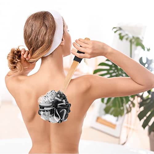 FORENEE Black Loofah on a Stick, PE Mesh Back Scrubber, Long Wood Handle | Soft PE mesh creates rich lather for gentle cleansing; coated long wood handle, non-slip rubber grip and hanging loop - style: Black（Long Handle）