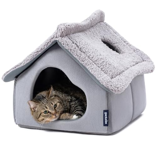 Cat Houses for Indoor Cats - Large Cat Cave Bed with Removable Support Foam and Washable 2-Side Mat - Covered Cat Bed for Cat Hideaway - Enclosed Cat Hideout for Kitten and Small Pet, Grey