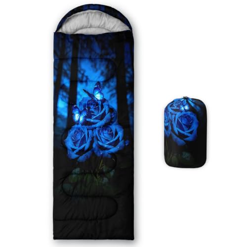 AILONEN Midnight Meow Sleeping Bag, Charcoal Cat Eyes Crescent Graphic, Portable Camp Sack Sleepover Style - color: Blue Rose