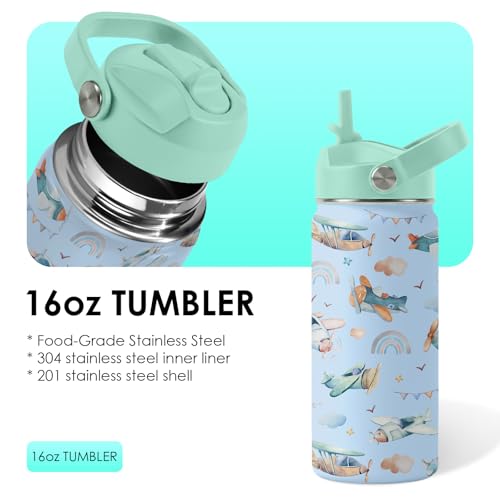 Airplane Gifts - 16oz Kids Blue Airplane Water Bottle with Straw Lid, Stainless Steel Insulated Tumbler, Leakproof, BPA-Free, for Boys, School, Travel - Helicopter Pilot Lovers Birthday Gift Cup (1pc) - color: Helicopter, size: 16 Ounces