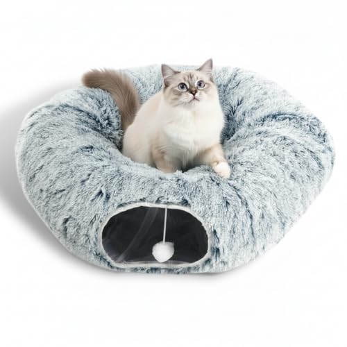 AUOON Plush Cat Tunnel Bed for Indoor Cats, 36" L x 36" W x 11.5" H, Gray | 2 in-1 Interactive Cat Toy, with Hanging Ball Toy, Machine Washable Center Pad, for Kitten Puppy Rabbit Ferret - color: Gray
