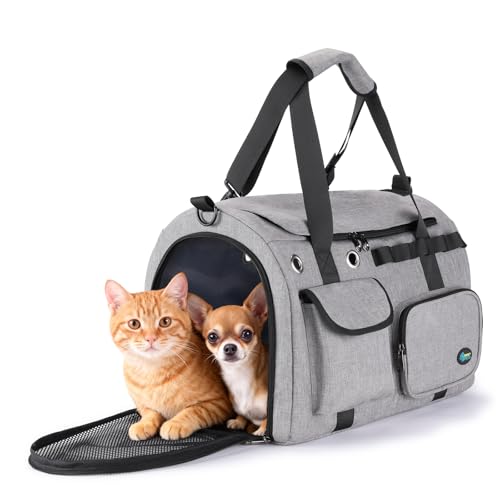 Ownpets TSA Airline Approved Large Pet Carrier, Soft Sided Cat Dog Carrier for Small Pets, Underseat, Waterproof, Foldable for Medium Big Cats 20 lbs+ & 2 Kittens/Puppies (17.7"x11.8"x12.2")