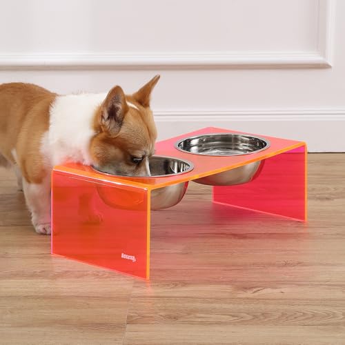 DBL2001E Keaton 7.5" Medium/Large Modern Acrylic Rectangular Elevated Pet Feeder with 54oz 2-Stainless Steel Bowls, Pink/Chrome - color: Pink/Chrome, size: 54 Ounces (7.5" Cups 2-Pack)