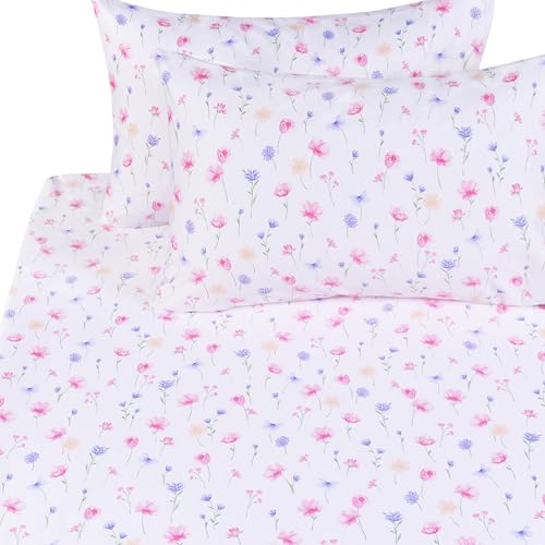 Scientific Sleep Flowers Dancing in The Wind Pink Boys Girls 100% Cotton 3 Pcs Twin Bed Sheet Set Kids Toddler Teen, Flat Sheet & Fitted Sheet & Pillowcase Kids Bedding Set (Flowers, Twin) - color: Flowers, size: Twin