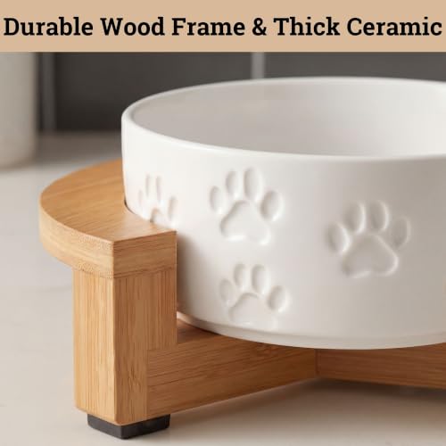 Ceramic Dog Bowl Set of 2, Anti-Skid Bamboo Stand, Elevated, 2 Cups Each | Thick Ceramic Food and Water Bowls Set of 2, Dishwasher Safe, Anti-Skid Rubber Base, 2 Cups per Bowl, Sturdy Bamboo Stand - color: White with Stand, size: Small