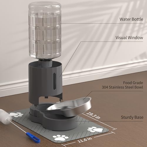 JUNSPOW Cat Water Dispenser with Placemat and Stainless Steel Bowl (4L) | Automatic Gravity Water Dispenser for Cats or Small Medium Size Dogs, Large Capacity, Easy to Clean - color: Grey, size: 4L + Mat