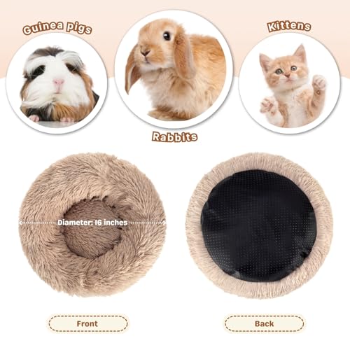 2 Pack Rabbit Bed, Fluffy Donut Shaped Bunny Hideout Comfort Sleeping Mat | Washable Comfort Hideaway Nest Bed for Guinea Pig, Kitten, Chihuahua, Small Pet - color: Dark Gray + Khaki