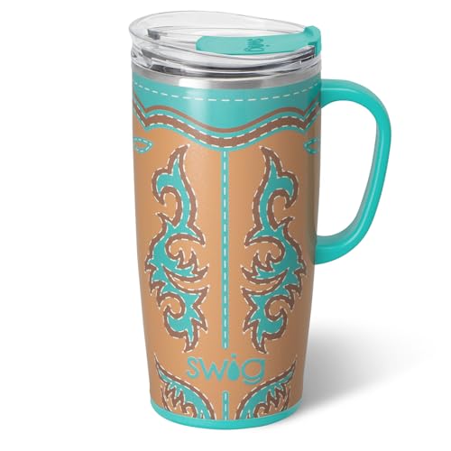 Swig Life 22oz Travel Mug with Handle & Lid, Boot Scootin' Turquoise | Triple Insulated Stainless Steel - Handle & Lid Included - Keeps Coffee Hot or Cold - Cup Holder Friendly - color: Boot Scootin' Turquoise, size: 22 Ounces