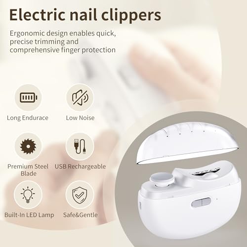 Electric Nail Clipper, 3-in-1 Dual-Speed Automatic Nail File, Toenail Trimmer with LED Light, Polishing and Dust Collection Functions, Suitable for Baby, Children, Adults, and Seniors (White)