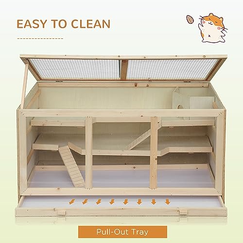 PawHut 45" Extra Large Wooden Hamster Cage, 3-Layer Rat Cage with Opening Roof, PVC Window, Small Animal Habitat for Gerbil, Dwarf & Syrian Hamsters, Natural | Rat Cage, PVC Window, Small Animal Habitat, for Gerbil, for Dwarf & Syrian Hamsters - color: Na