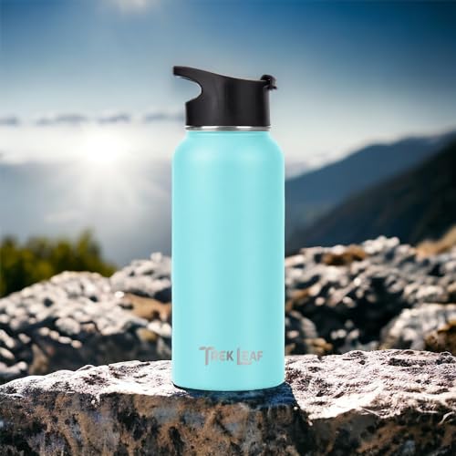 Travel Water Bottle with Carrying Bag, 3 Lids (Spout, Straw, Flip), and Bottle Brush; Leak Proof, Quality, Vacuum Insulated, Stainless Steel (Caribbean, 32 oz) - color: Caribbean, size: 32 Ounces