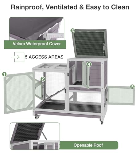 Rabbit Hutch 2-Story Wooden Bunny Cage with 2 Leak-Proof Sliding Trays, Chew-Proof Metal Mesh, Rainproof Cover, Indoor & Outdoor Guinea Pig House with Wheels - Grey - color: 39"L Grey