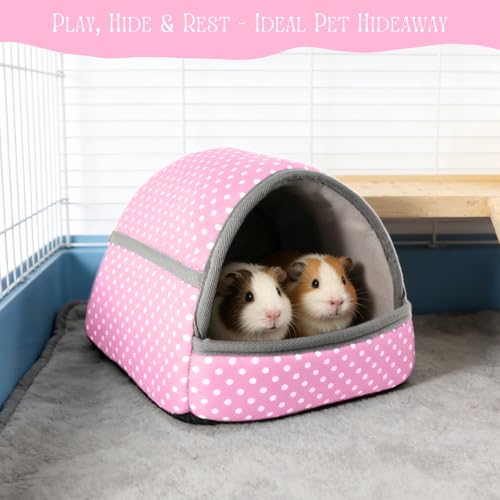 Guinea Pig Hideout with Cuddle Pouch - Washable Dwarf Rabbit Bed, Durable Fabric with Soft Lining - Small Animal Cage Accessories - Pink Dot - color: Pink