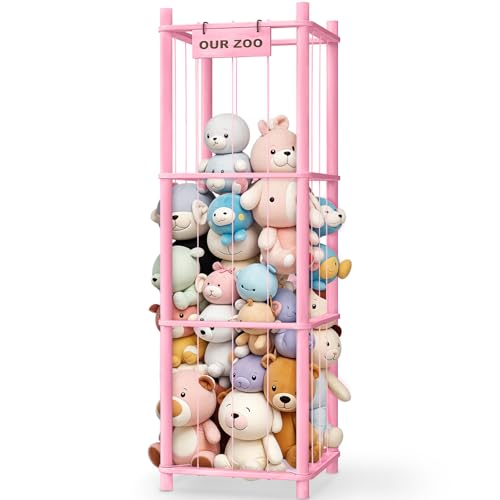Woodure Stuffed Animal Storage & Organizer, Wooden Cute Zoo Toy Holder for Toddler Rooms, Playrooms & Bedrooms（Pink） - color: Pink