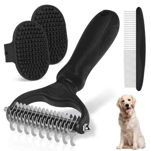 Double-Sided Pet Grooming Rake - 4-in-1 Professional Pet Grooming Kit Deshedding Dematting Tool for Dogs Cats Extra-Wide Grooming Brush & Deshedder Comb for Long & Short Haired Pets (Black Kit 4PCS) - color: Black