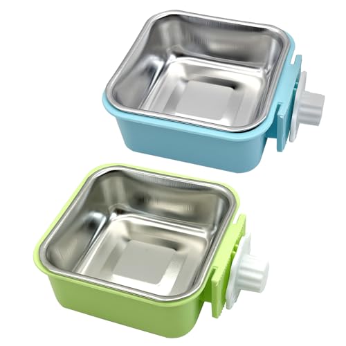 kathson Crate Dog Bowl, Removable Stainless Steel Hanging Pet Kennel Cage Bowl Food & Water Feeder Coop Cup for Puppy, Cat, Rabbit, Guinea Pigs 2pcs Small Square(Blue, Green) - color: Square (Blue, Green), size: 2 PCS