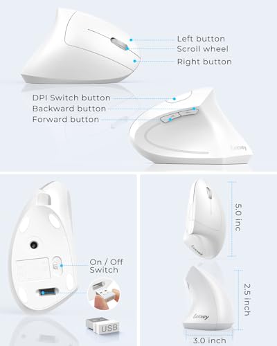 Lekvey Ergonomic Mouse, Rechargeable Vertical Wireless Mouse, White | Long Battery Life, USB-C Charging, 2.4G Wireless, Quiet Click, Reduces Wrist Strain, 3DPI 1000/1200/1600, for Laptop, Mac, PC - color: White