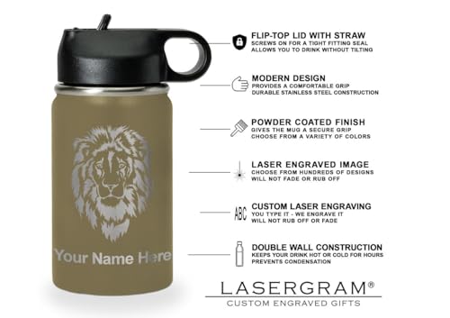 LaserGram Personalized 12oz Water Bottle, Rabbit (Camo Green) | Engraved Gift, Vacuum Insulated Stainless Steel, Flip-Top Straw Lid, Laser Engraved With Your Name - color: Camo Green, size: 12 Ounces