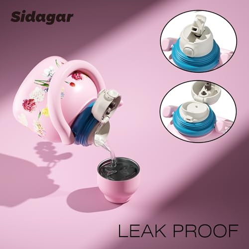22 oz Leakproof Insulated Water Bottle with Handle Dual Lid Flowers | 316L Stainless Steel | Dual Drinking Options | BPA-Free | Steel | Cold 24H & Hot 12H | Wide Mouth Design | Easy Cleaning - color: Floral pink