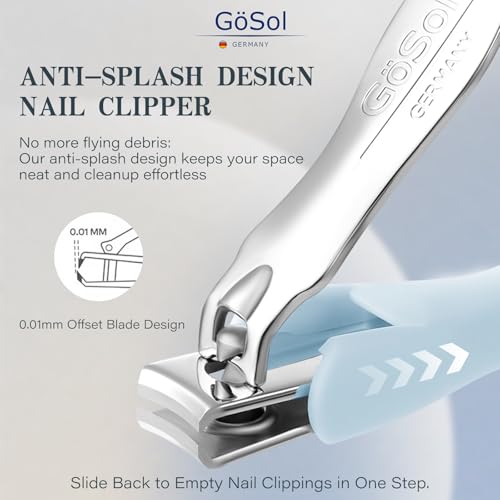 Nail Clippers Anti Splash, Sharp Curved Blades, Detachable Easy Clean Base | Premium Carbon Steel Manicure Tools with Catcher, Ergonomic Anti-Slip Soft Rubber Handle for Precise Trimming - color: Light Blue