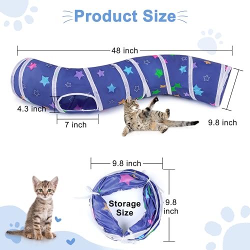 Glittme S-Shape Cat Tunnel, Foldable Cat Tunnels for Indoor Cats | Interactive Bunny Tunnel And Cat Tubes With Crinkle Sounds. Ideal For Kittens, Ferrets And Small Pets To Hide, Play Or Rest - color: Blue with colorful stars