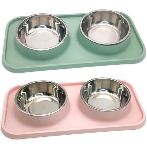 BNOSDM 2 Pcs Double Dog Food Bowls, Stainless Steel Small Dog Food and Water Bowls with Non-Spill Plastic Mat, Pet Cat Feeder Dish Set for Puppy Cats Kitten, Pink and Green - color: Pink+Green