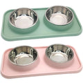 BNOSDM 2 Pcs Double Dog Food Bowls, Stainless Steel Small Dog Food and Water Bowls with Non-Spill Plastic Mat, Pet Cat Feeder Dish Set for Puppy Cats Kitten, Pink and Green - color: Pink+Green
