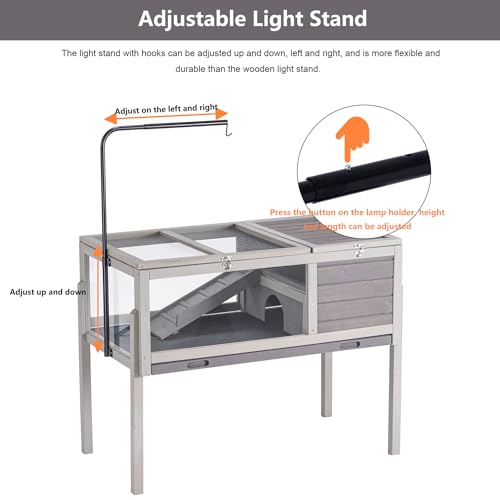 BIRASIL Wood Tortoise Enclosure with Adjustable Light Stand,2-Tier Habitat Reptile Cage with Feeding Area Swimming Area, Turtle House for Small Animals Lizards Hamster (Gray) - color: Gray