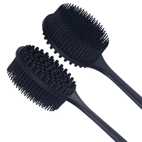 DNC Back Scrubber for Shower Soft Silicone Bath Body Brush with Long Handle (Black) - color: Black