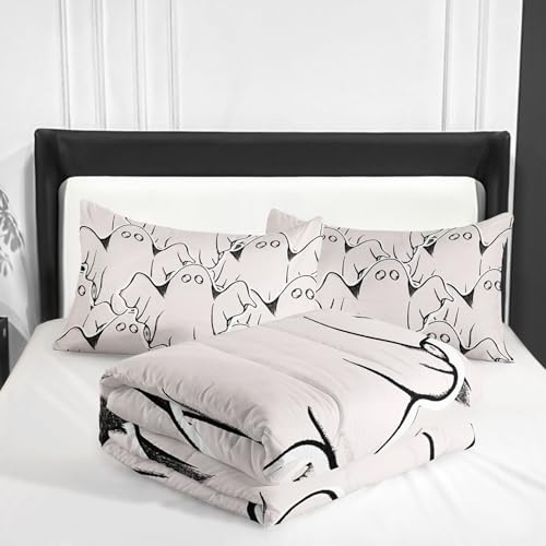 Nttopship Ghost Comforter Bedding Set with 2 Pillowcase King Size Black and White Comforter Set for Kids Boys Girls Bedroom Decor - color: Ghost, size: King