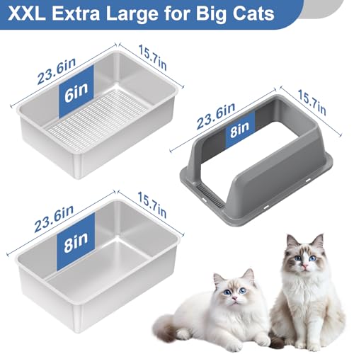 Stainless Steel Sifting Litter Box with Lid, High Sides XXL Extra Large Sifting Cat Litter Box for Pine Pellets & Big Cats, Sifter Litter Pan System for Odor Control,Sifting Box Liners & Scoop - size: XXL:23.6''×15.7''×16''