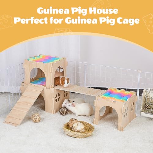 Unicorn Catcher 3 Pack Wooden Guinea Pig Hideout House with Stairs & Mats | Wooden Bunny Castle Hideout With Stairs And Soft Mats Perfect For Ferrets Chinchillas And Small Animals In Cages - size: 3 Houses