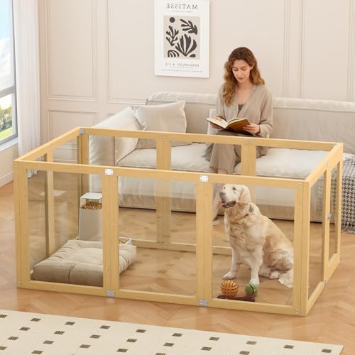 Clear Acrylic Dog Playpen Indoor with Solid Wood Frame, 10 Panels Clear Dog Playpen for Small Dogs, Easy Assembly Acrylic Pet Pen, Safe and Sturdy Play Area for Puppy Rabbit Indoor