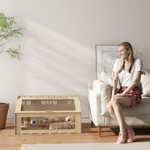 PawHut 39 Inch Hamster Cage Habitat with Acrylic Window, Openable Top, Oak | Small Animal Cage, for Dwarf Hamsters, Gerbils, Guinea Pigs, Rats, Air Vents