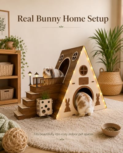 Tnstbiee Large Modern Wooden Rabbit Castle House Hutch - Bunny Hideout Indoor Habitats - Pet 2-Story Home Furniture（Excluding Street Lights）