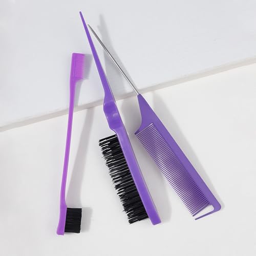 Slick Back Hair Brush Set, Purple 3-Piece Rat Tail Brush Teasing Comb with Metal Pin and Edge Brush Comb for Parting Smoothing and Styling at Home or Salon - color: purple