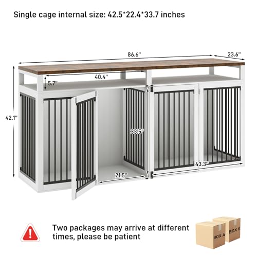 87In Farmhouse Dog Crate TV Stand, Wooden Dog Kennel Furniture with 2 Doors, Large Dog Crate Furniture for 2 Dogs, Solid Metal Tube & 4 Lockable Doors, White - color: White