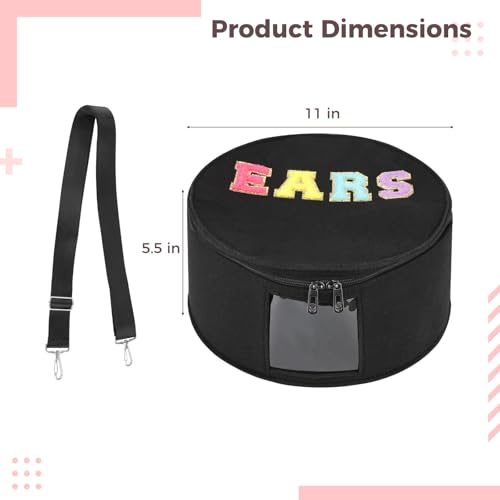 OMISTAR Bow Mouse Ears Travel Bag, Theme Park Headband Carry Case with Top Handle & Shoulder Strap, Round Black Travel Shoulder Bag, Felt Cosmetic Organizer with Clear Window