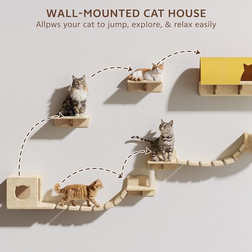 26-in-1 Cat Wall Shelves with Cat Tree, 40''L Tunnel, Moon, Beige | Wall Mounted Cats Furniture Set with Plush Fabric, Cat Climbing Systems for 16 Inch Drywall, with Scratching Posts, Bridge - color: Beige, size: 26-in-1