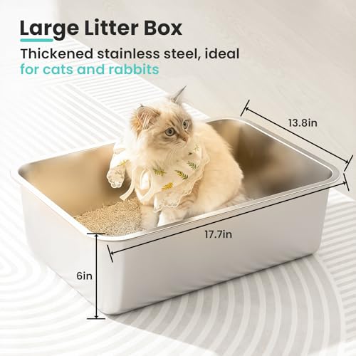 Stainless Steel Cat Litter Box, 17.7"x13.8"x6", Large | Non-Sticky, Smooth Metal Litter Box for Indoor Cats, Leak-Proof, Easy to Clean, Non-Slip, High Sided, Easy Entry - size: 17.7”x13.8”x6”