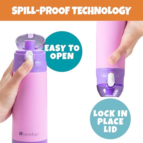 Bentology Stainless Steel 13 Oz Reusable Water Bottle for Kids, Pink | Double Wall Insulated, Spill Proof Lid W/Built-in Straw- Keep Liquids Hot or Cold- Easily Fits in Lunch Boxes & Bags - color: Pink