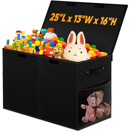 Large Toy Storage Box with Lid, Dividers, Collapsible Kids Toy Chest, Black | Toy Box for Boys, Girls, Nursery, Bedroom, Living Room, Playroom, 25 x 13 x 16 inches - color: Large Black