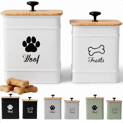 Dog Treat Container Set of 2 with Airtight Bamboo Lids - 8x6 & 7x5 inch | Fits All Popular Treats, Up to 20 Cups Combined Capacity, Airtight Bamboo Lid, Easy Open Lid, Dent-Resistant Durable Metal - color: White - Large
